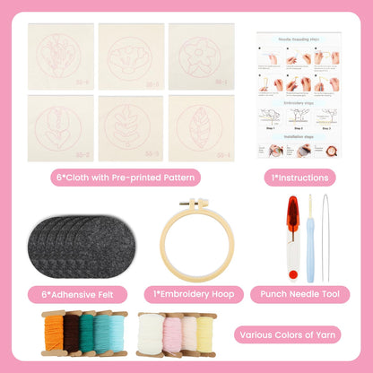 6 Pcs Punch Needle Coaster Kit for Adults Beginner, Plant Floral Punch Needle Embroidery Kit with Yarns, Hoop, Threader, Felt Cloths, Instruction, Coaster Making Supplies for Home Decor, Gift Making
