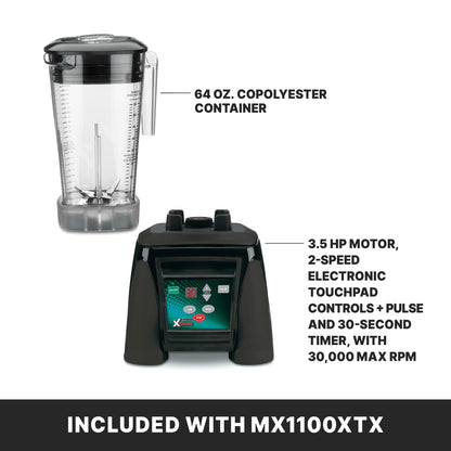 Waring Commercial MX1100XTX 3.5 HP Blender with Electronic Keypad, Pulse Function, 30 SecondCountdown Timer and a 64 oz. BPA Free Container, 120V, 5-15 Phase Plug,Black