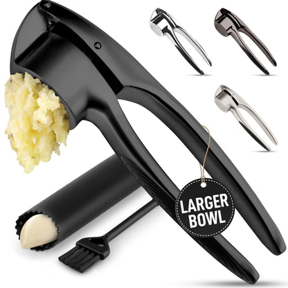 Zulay Kitchen Large Premium Garlic Press Set – Rust Proof & Dishwasher Safe, Bigger Bowl Garlic Mincer Tool with Silicone Garlic Peeler & Brush, Easy Squeeze & Clean, Ergonomic Handle - Black