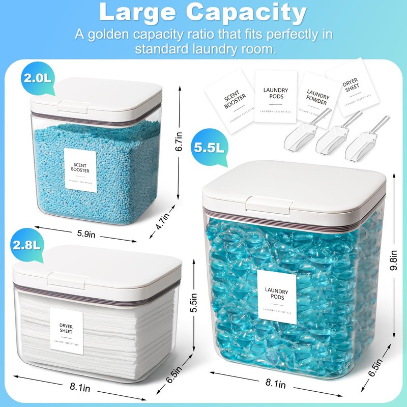 ALPIRIRAL 3 Pack Laundry Pods Container, Holder Dispenser for Laundry Room Organization Decor, for Storage, Dishwasher Pods, Scent Booster, Dryer Sheet, 152+94+67fl oz with Lids, Scoops & Labels