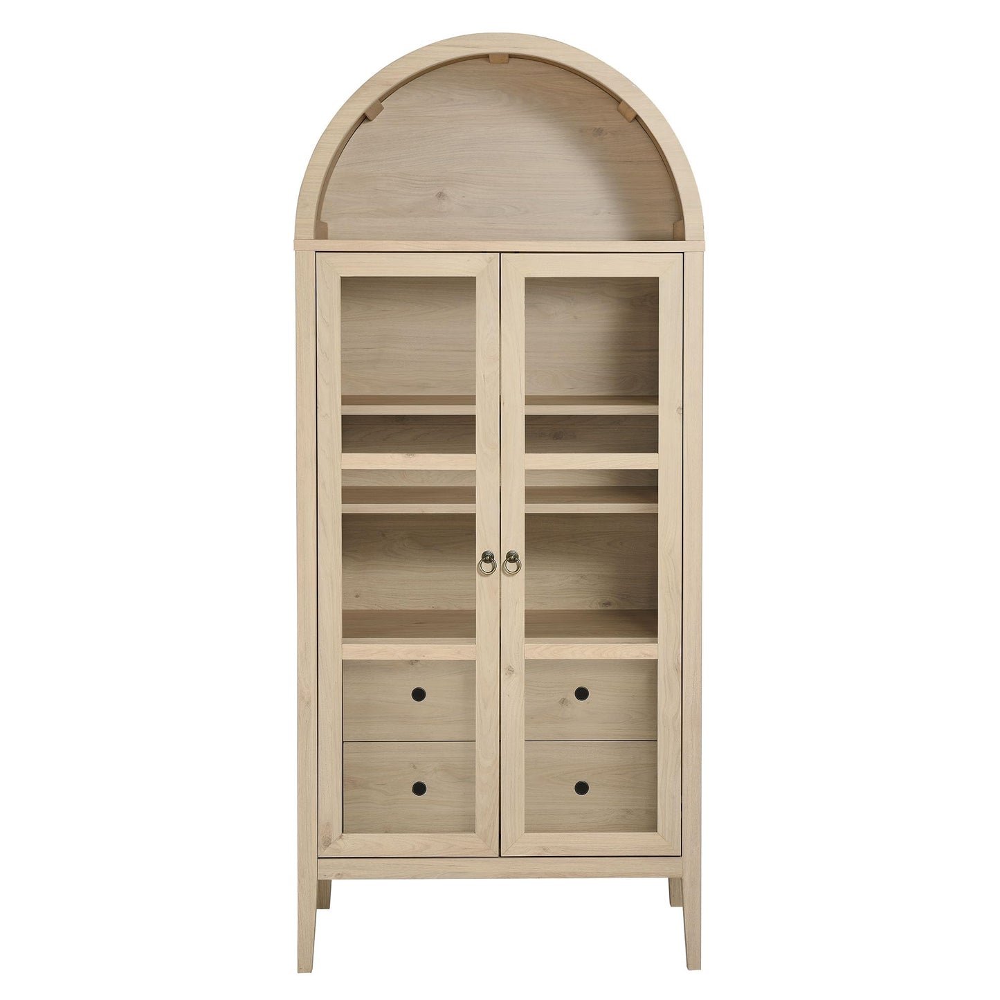 Modway Nolan Modern Farmhouse 71 Inch Tall Arched Storage Display Cabinet in Light Oak Wood Grain - 4-Tier Bookcase with Glass Doors and Shelves - Arch Accent Cabinet for Living Room
