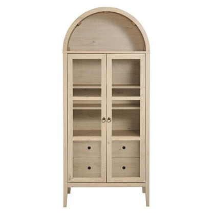 Modway Nolan Modern Farmhouse 71 Inch Tall Arched Storage Display Cabinet in Light Oak Wood Grain - 4-Tier Bookcase with Glass Doors and Shelves - Arch Accent Cabinet for Living Room