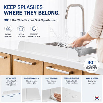 30 inch(75cm) Premium Kitchen Sink Silicone Water Splash Guard Size Upgrade 30" and new Package - NO Suction Cups, Ultra Wide 30" - Made in Korea (Ultra Wide Eco White)