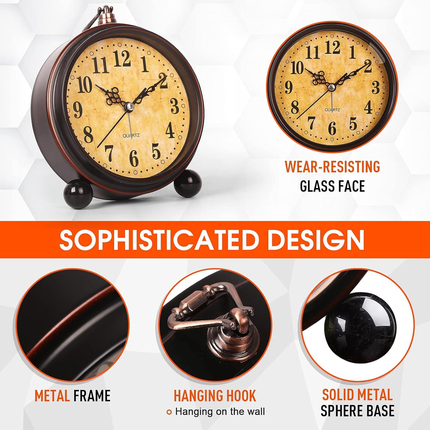 Battery Alarm Clock - Vintage Hangable Night Light, Super Silent Non-Ticking Analog Table Clock