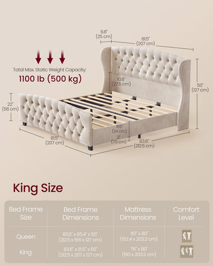 VASAGLE King Bed Frame with Tall Headboard, Upholstered Platform Bed Frame King Size, with Wingback Tufted Headboard and Footboard, Wooden Slats, No Box Spring Needed, Cappuccino Beige URMB884W01
