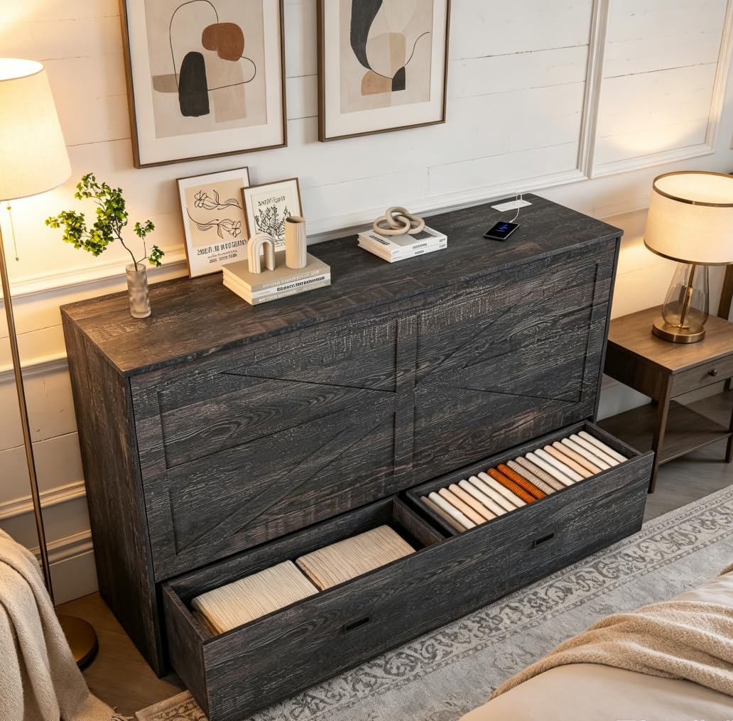 Bellemave Full Murphy Bed with Mattresses and Charging Stations and Storage Drawer, Farmhouse Murphy Cabinet Bed with Foldable Panel, Noisy Free, for Guest Bedroom, Living Room, Carbon Black