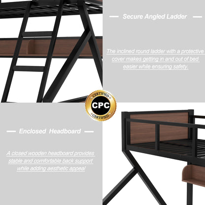 Bellemave Twin XL Over Queen Size Bunk Bed with Storage Shelves and LED Lights,Heavy Duty Adult Bunk Beds with Angled Ladder,Metal Queen Bunk Bed,Black