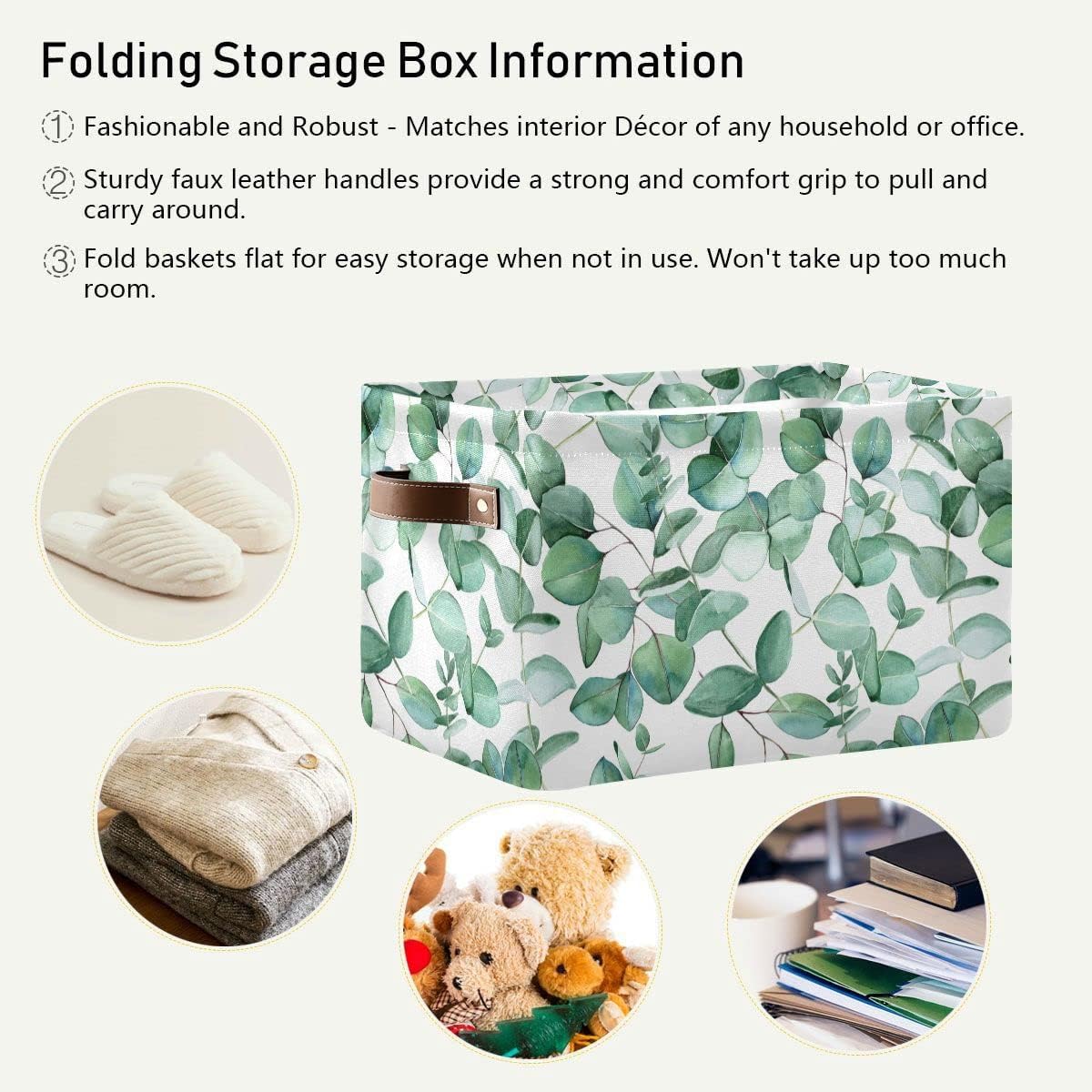 xigua Collapsible Green Leaves Storage Basket, Waterproof Canvas Toy Storage Bin with Leather Handles, 1PCS