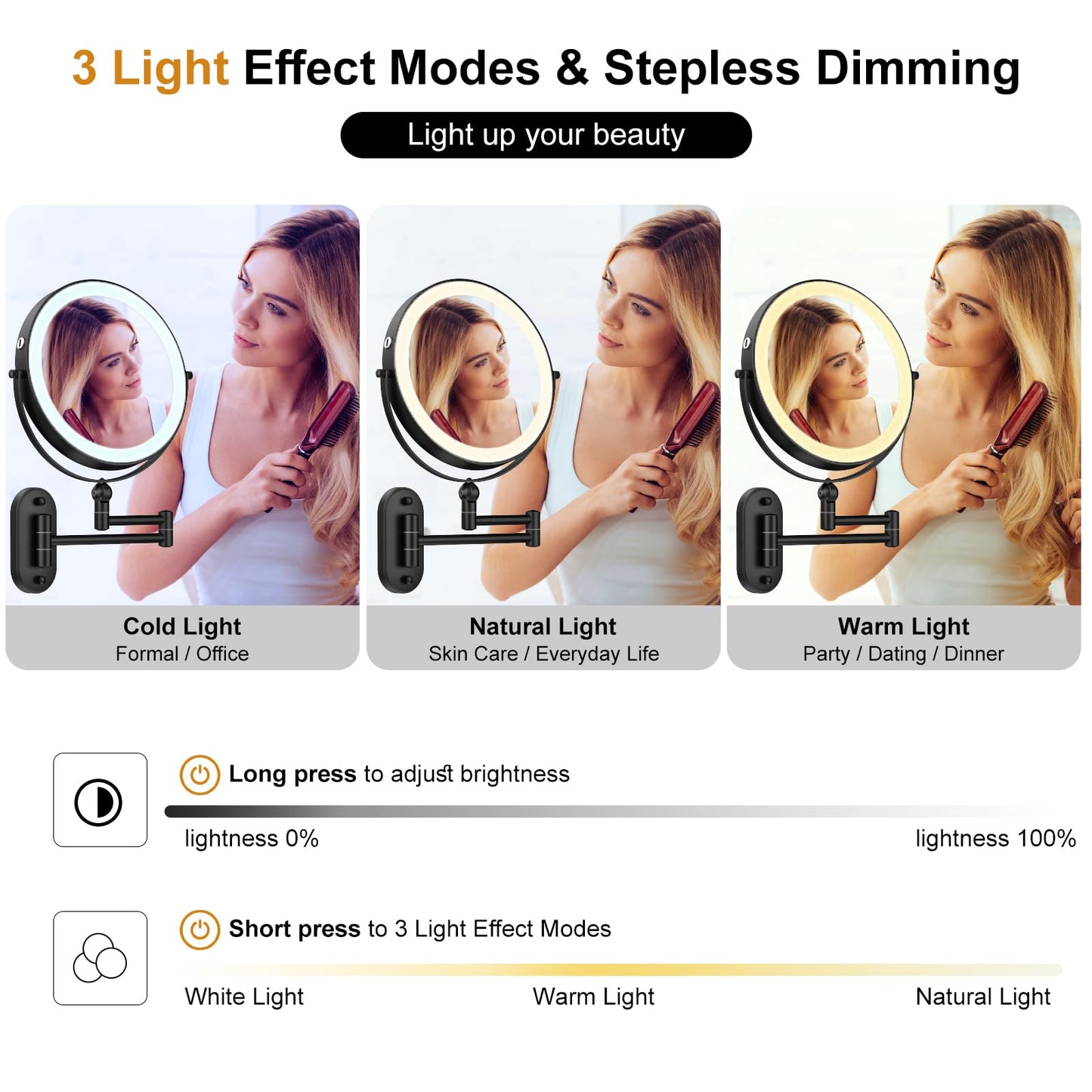 9" Wall Mounted Lighted Makeup Mirror,4000mAh Rechargeable Double Sided 1X/10X Magnifying Mirror with Light,3 Color Lights,Touch Dimmable,Extended Arm 360 Rotation Wall Mounted Makeup Mirror