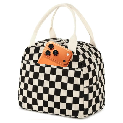 Corduroy Insulated Lunch Tote with Front Pocket for Women & Men Leakproof Reusable Meal & Food Bag, Large Capacity for Office, Picnic & Travel Checkered Black