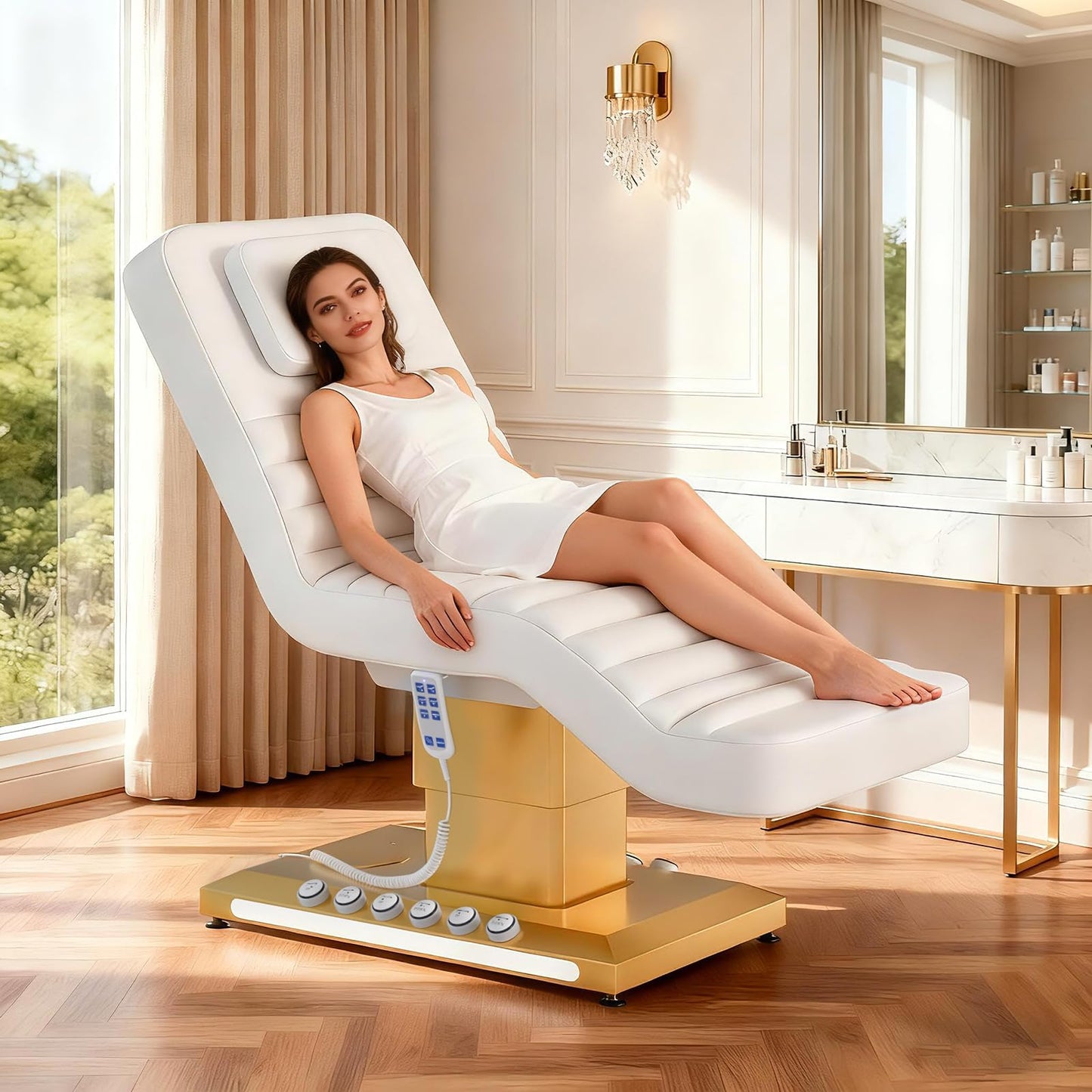 Zumic Professional Full Electrical Lift Massage Table for Esthetician with 5 Memory Foam, 3-Motors 200W Adjustable Tattoo Facial Beauty Bed with Remote Control for Podiatry Office Aesthetician