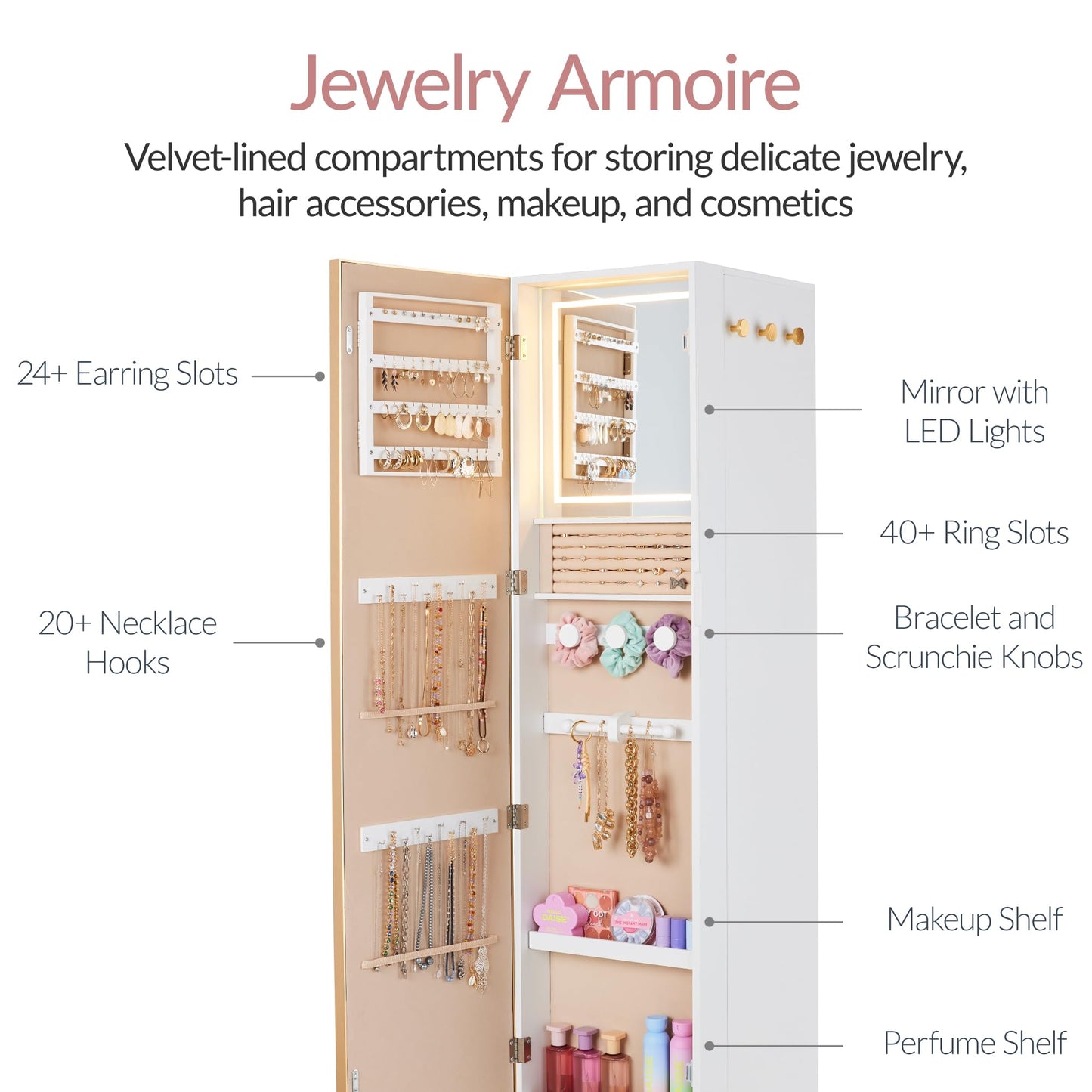 Best Choice Products Rotating Mirror w/Storage Cabinet, 360 Swivel Jewelry Armoire w/Full-Length Mirror, Gold Metal Frame Tower w/Cube Shelves, Built-In Jewelry Organizer & Hook - Gold