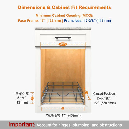 ALINE FURNITURE Pull Out Shelves - 17" W x 22" D Soft Close Pull Out Cabinet Organizer 1 Tier - Slide Out Drawers with Shelf Liner, Heavy Duty Steel Wire Baskets for Kitchen Cabinets, Pantry, Bathroom