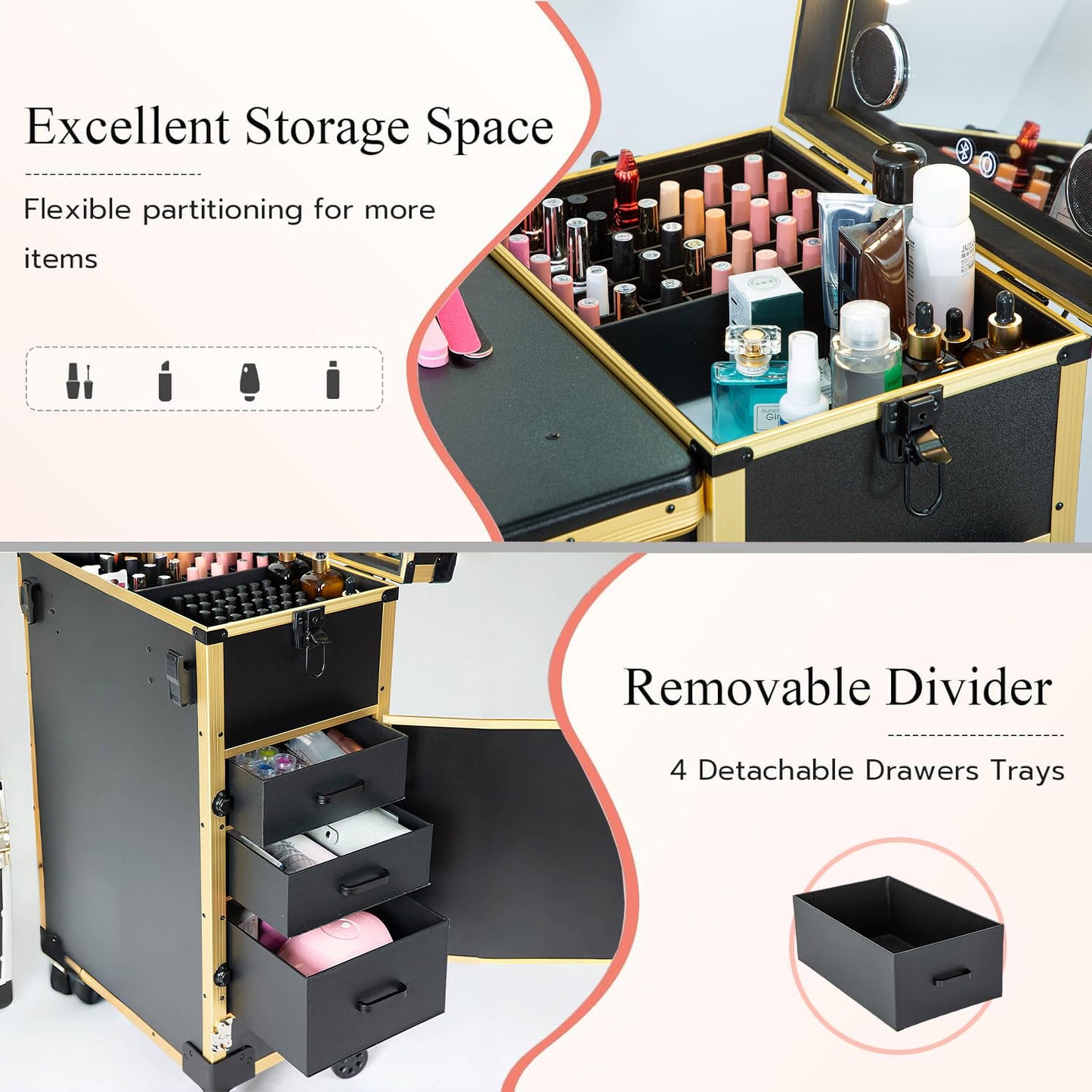 Gdsshuhung Portable Nail Desk with LED Mirror, Heavy Duty Foldable Manicure Table with 3 Drawers, Rolling Makeup Train Case Cosmetology Trolley on Wheels, Mobile Nail Tech Workstation (Gold)