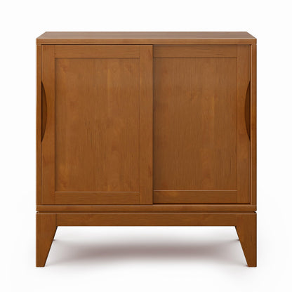 SIMPLIHOME Harper Storage Cabinet - 30 inch Wide Solid Hardwood 2-Shelf Low Console Cabinet in Teak Brown, Mid-Century Modern Cupboard for Living Room with Sliding Doors and Adjustable Shelves
