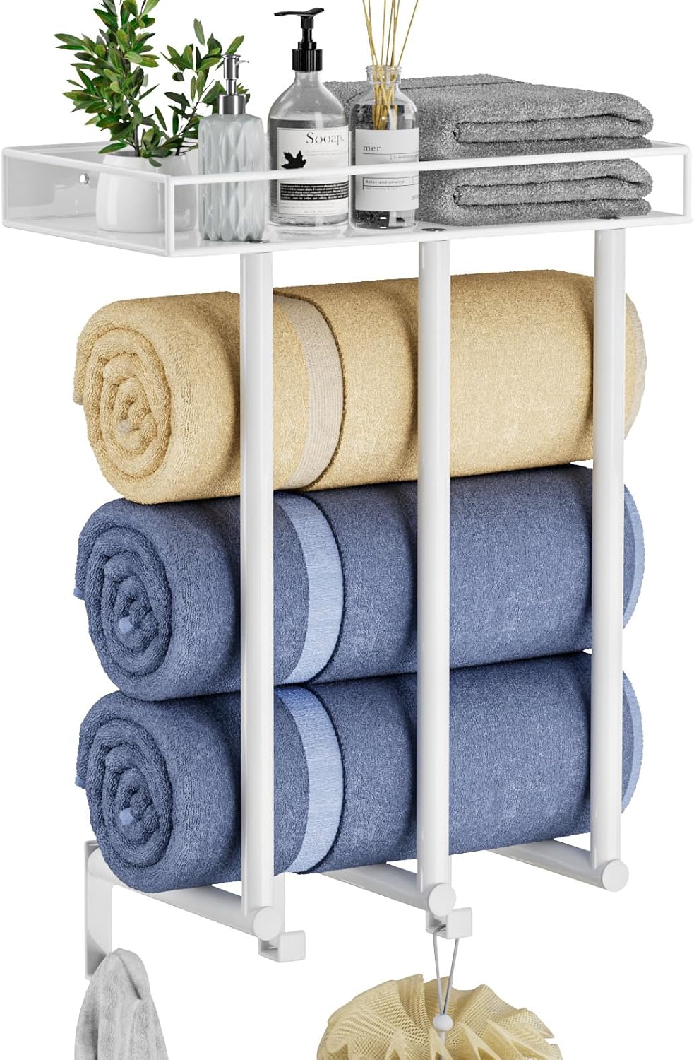 Ovicar Towel Racks for Bathroom - Wall Mounted Towel Rack with Metal Shelf & 3 Hooks, 3 Bars Towel Holder for Small