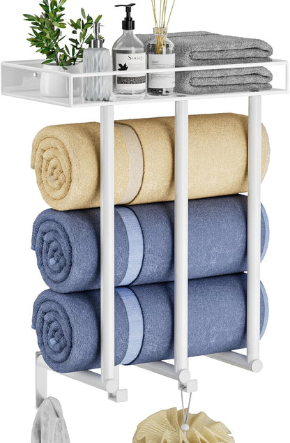 Ovicar Towel Racks for Bathroom - Wall Mounted Towel Rack with Metal Shelf & 3 Hooks, 3 Bars Towel Holder for Small