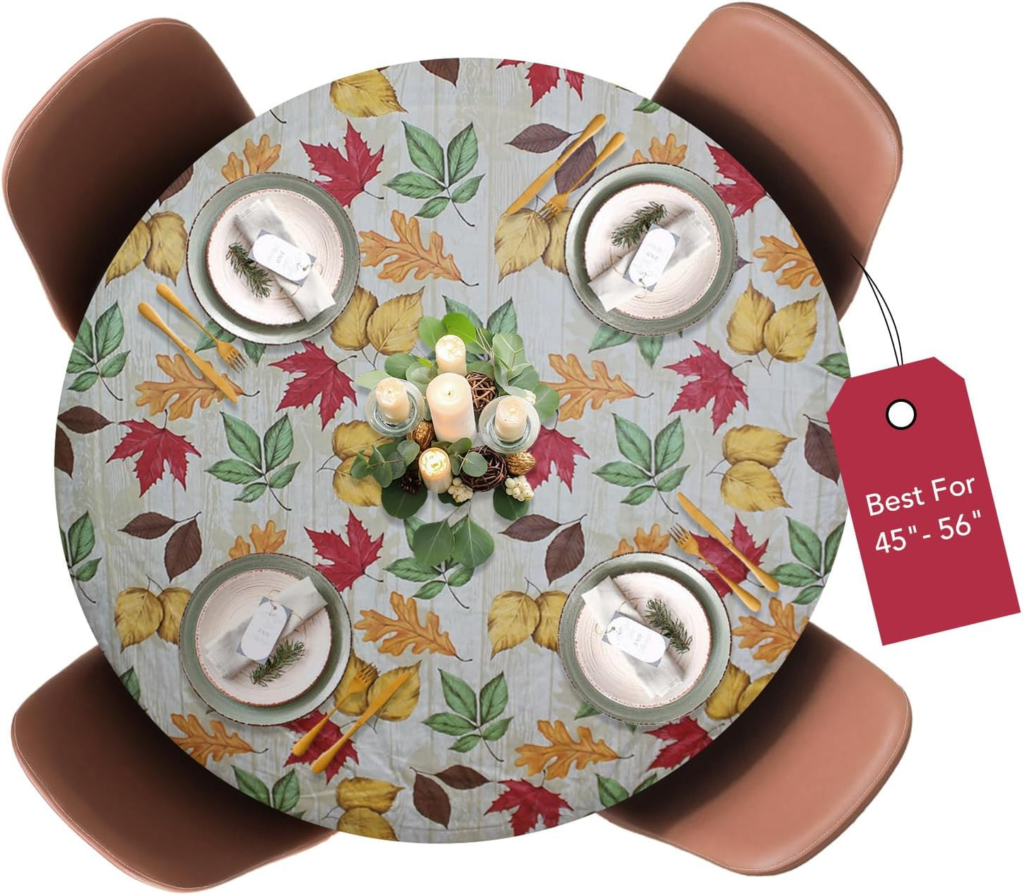 Deluxe Elastic Edged Flannel Backed Vinyl Fitted Table Cover - Large Round Oblong Oval - All-Over Leaves Pattern - Fits