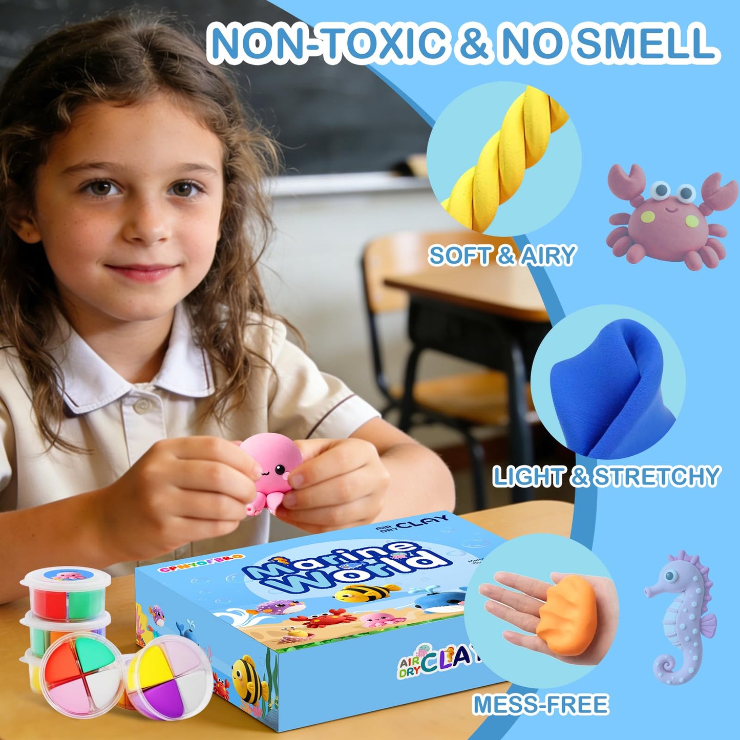 Air Dry Clay Kit - 12 Marine Animal Modeling Clay for Kids, Complete DIY Clay Craft Set with Sculpting Tools & Step-by-Step Tutorials, Ultra Soft & Non-Sticky Clay, Children's Day Gift Ideas
