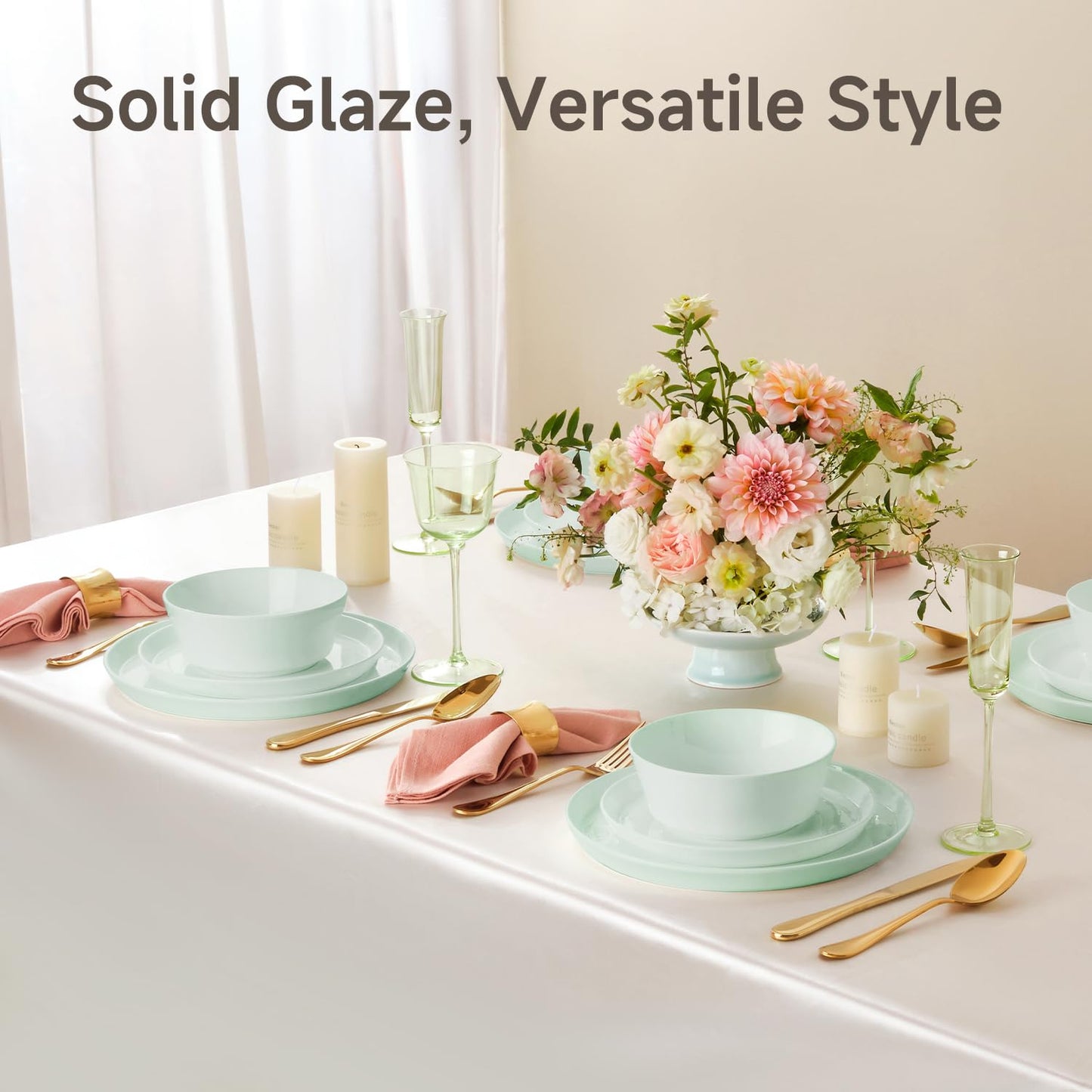 KINGSTONE Bone China Dinnerware Sets for 8, 24-Piece Lightweight Porcelain plates and bowls sets, Scratch Resistant Dish Set, Modern Kitchen Dinner Set, Microwave & Dishwasher Safe, Mint Green