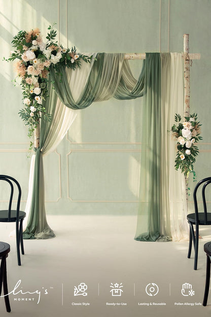Ling's moment Wedding Arch Flowers with Sheer Drapes Kit - Artificial Spring Green Rose Floral Arrangements for Ceremony Backdrop, Arbor Decor, 5-Piece Set (2 Flower Stems + 3 Hanging Drapes)