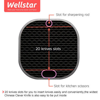 Universal Knife Block for Kitchen, WELLSTAR Knife Holder without Knives, Safe Space Saver Large Volume Stable Knife Storage with Scissors and Sharpening Rod Slot, Detachable for Easy Cleaning - Black
