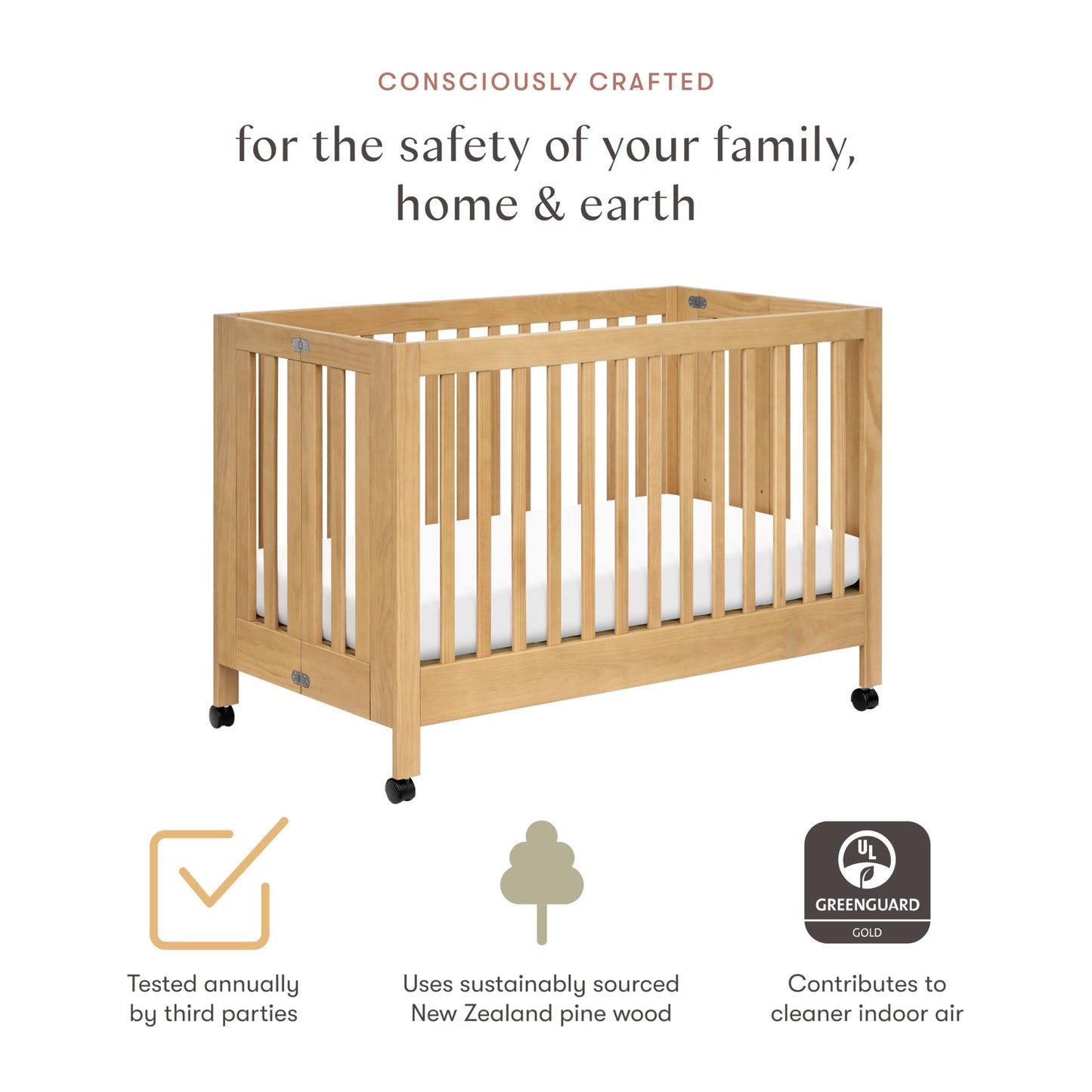 Babyletto Maki Full-Size 2-in-1 Portable Folding Crib with Toddler Bed Conversion Kit in Honey, Greenguard Gold Certified
