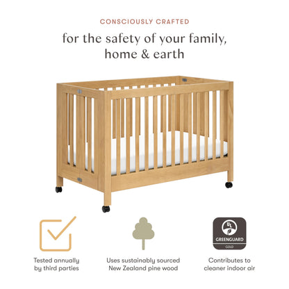 Babyletto Maki Full-Size 2-in-1 Portable Folding Crib with Toddler Bed Conversion Kit in Honey, Greenguard Gold Certified
