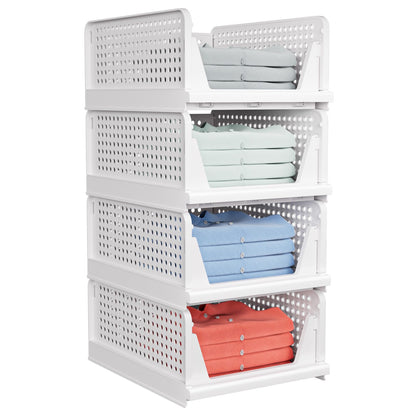4 Pack Stackable Closet Storage Basket - Stackable Storage Bins, Multifunctional & Foldable Closet Organizer Divided, Wardrobe Cupboard Space-Saving Clothes Storage Hat Organizer, White