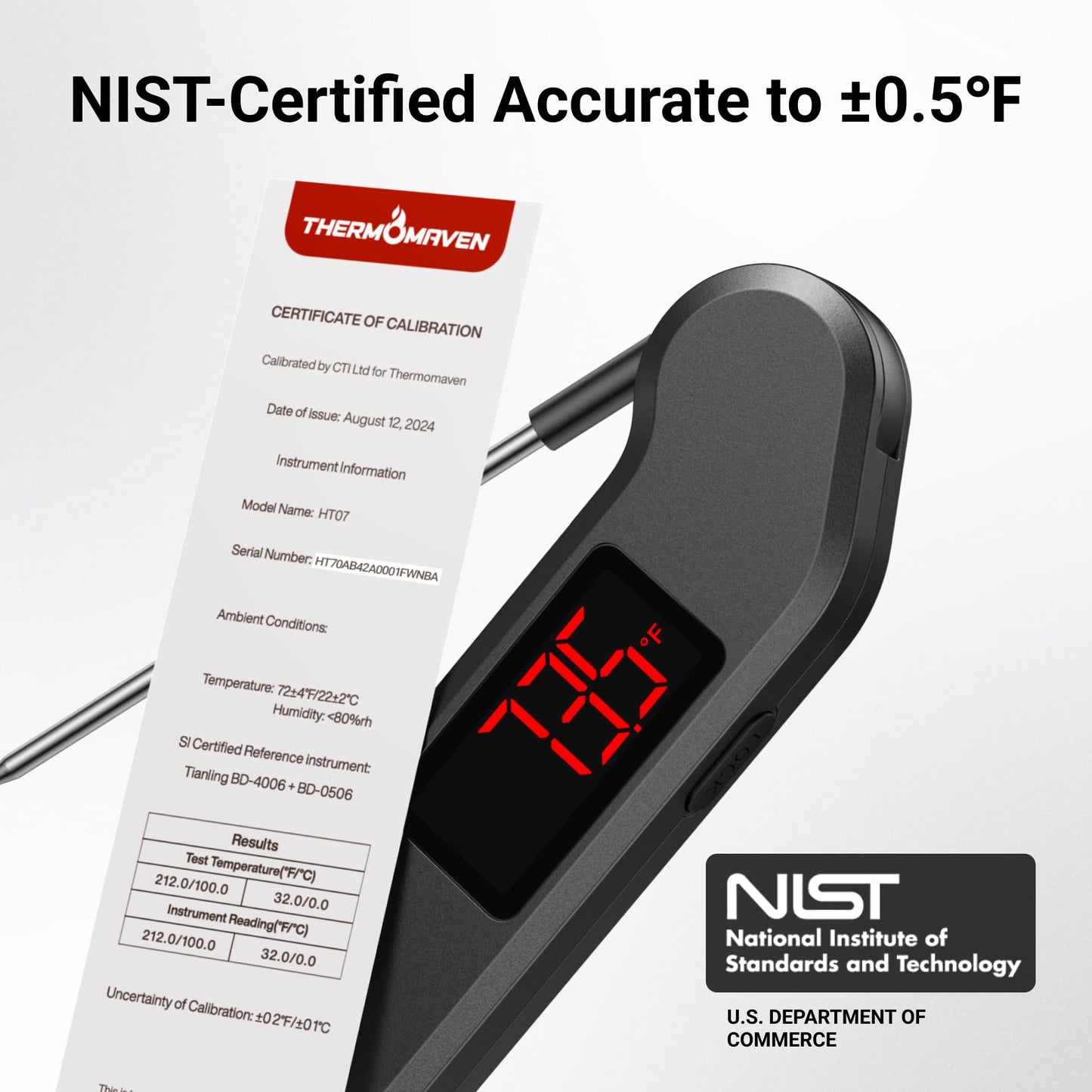 Professional Digital Meat Thermometer, 1 Sec Instant Read, ±0.5℉ Accuracy NIST&NSF Certified Food Thermometer, Auto-Rotate Bright LED Screen, Highly Waterproof Cooking Thermometer for Grill BBQ, Black