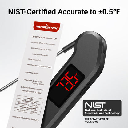 Professional Digital Meat Thermometer, 1 Sec Instant Read, ±0.5℉ Accuracy NIST&NSF Certified Food Thermometer, Auto-Rotate Bright LED Screen, Highly Waterproof Cooking Thermometer for Grill BBQ, Black
