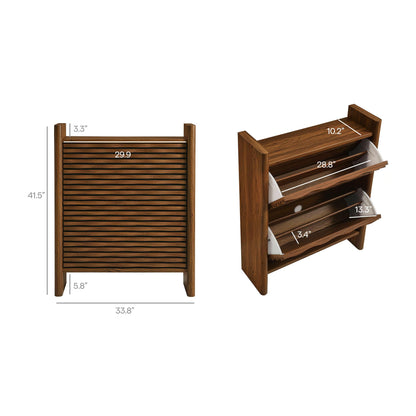 Modway Emric 35 Inch Wave Shoe Storage Cabinet in Walnut – Modern Slatted Front Shoe Rack Cabinet with 2 Flip Drawers for Entryway, Hallway, or Bedroom