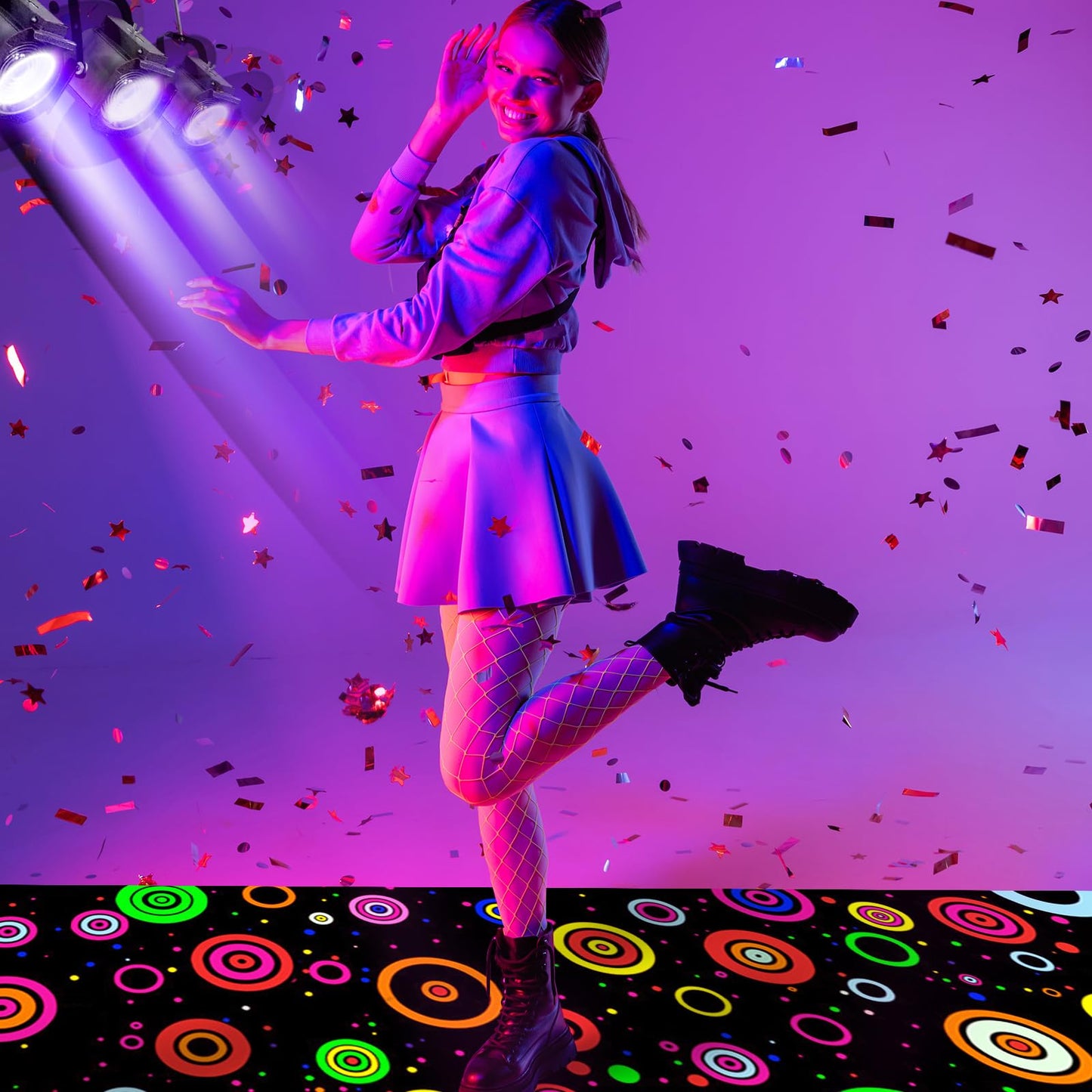 Haull 118 x 39 Inch Glow in The Dark Party Supplies Neon Party Decorations Light up Dance Floor Blacklight Rug UV Reactive Fluorescent for Carnival Birthday Wedding Favors(Ring)