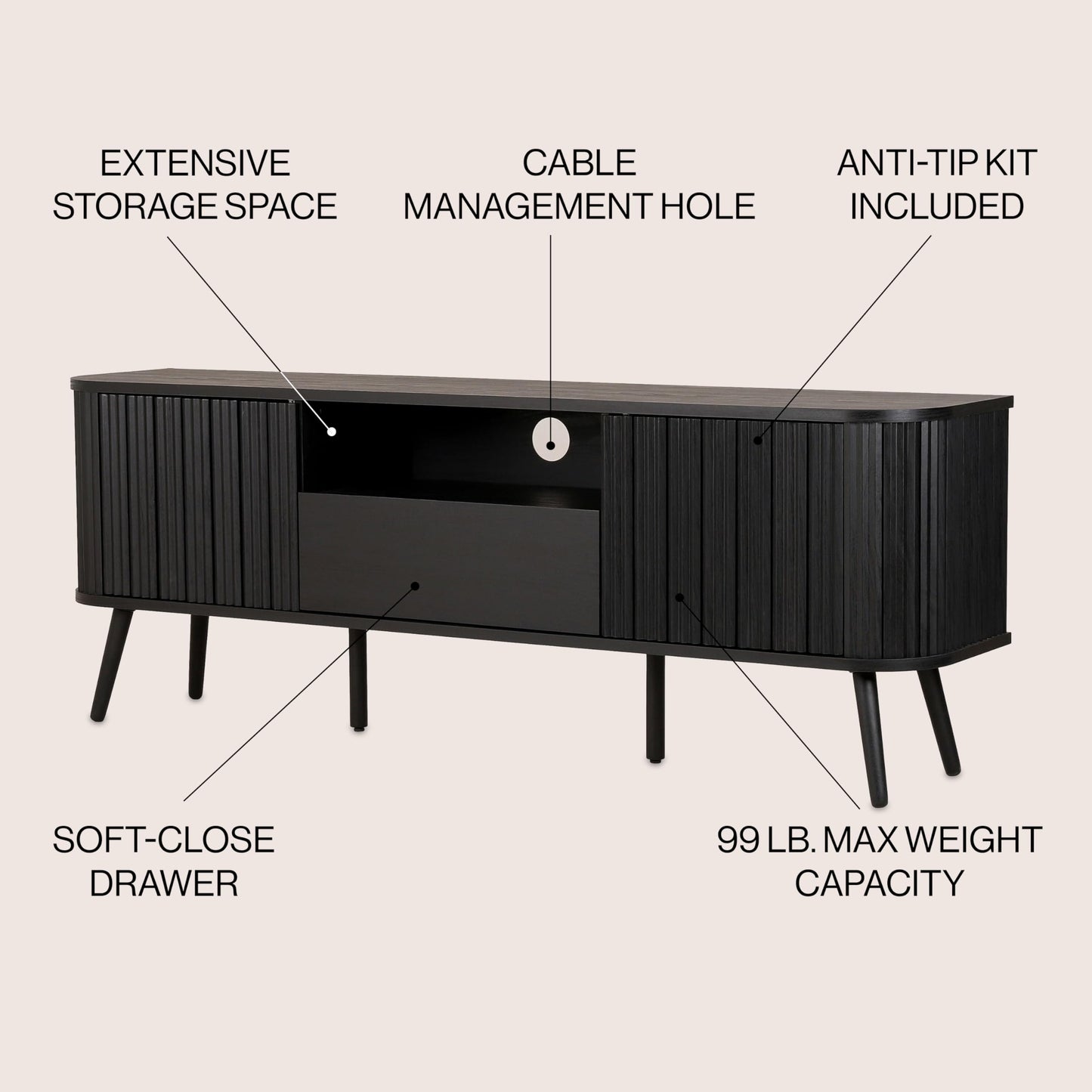 JONATHAN Y Damien 70" Mid-Century Fluted Wood TV Stand for TVs up to 75 Inch, Entertainment Center with Soft-Close Doors and Drawer, Media Console for Living Room, Black TVS1001C