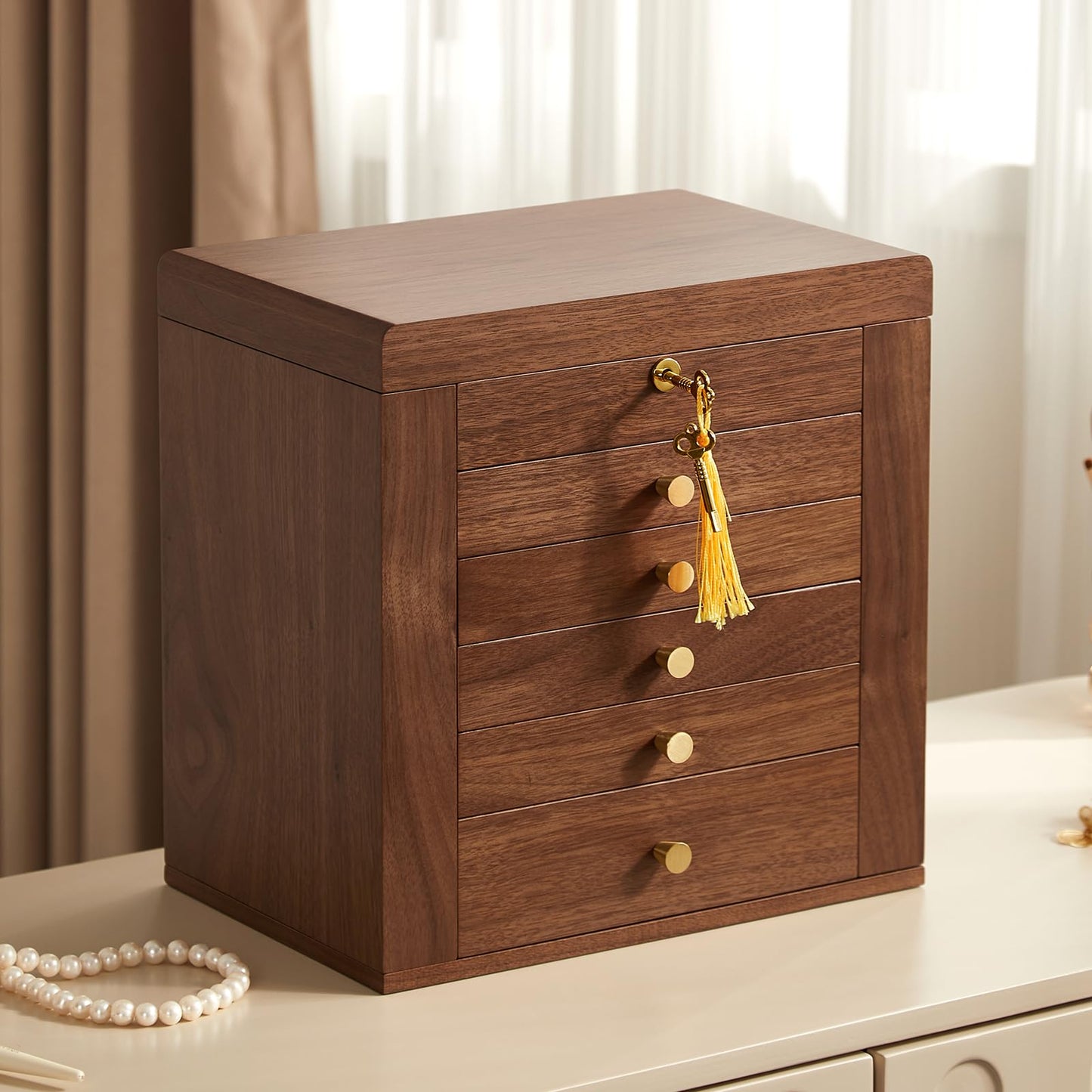 Homruilink Black Walnut Wooden Jewelry Box, Wood Jewelry Organizer with 2 Side Doors Mirror Lockable Classical Style for Watch Necklace Ring Earring Storage, Ideal Gift-6 Layer