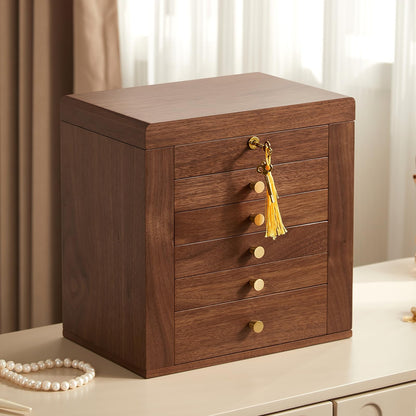 CHOSIN Black Walnut Wooden Jewelry Box, 6-Layer Lockable Wood Jewelry Organizer with Mirror, Side Doors & Brass Handle, Classical Design for Rings, Necklaces, Earrings, Ideal Gift for Her