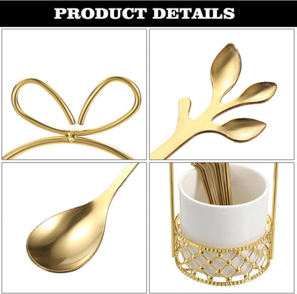 ELLDOO Coffee Spoon Set, 8 Stainless Steel Gold Leaf Coffee Spoons with White Ceramic Holder