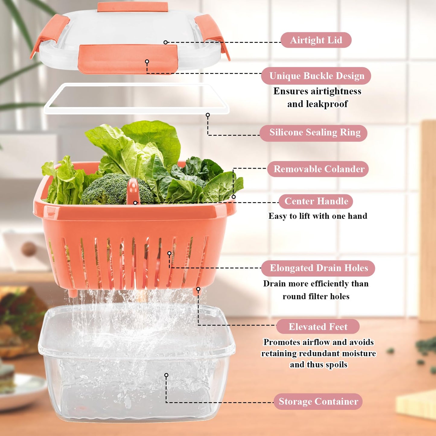 50oz Berry Keeper Fruit Storage Container for Fridge, Fresh Food Produce Saver Containers with Removable Drain Colanders, Vegetable Lettuce Keeper Bowl, Refrigerator Organizer, PRESS TO OPEN CLOSE LID