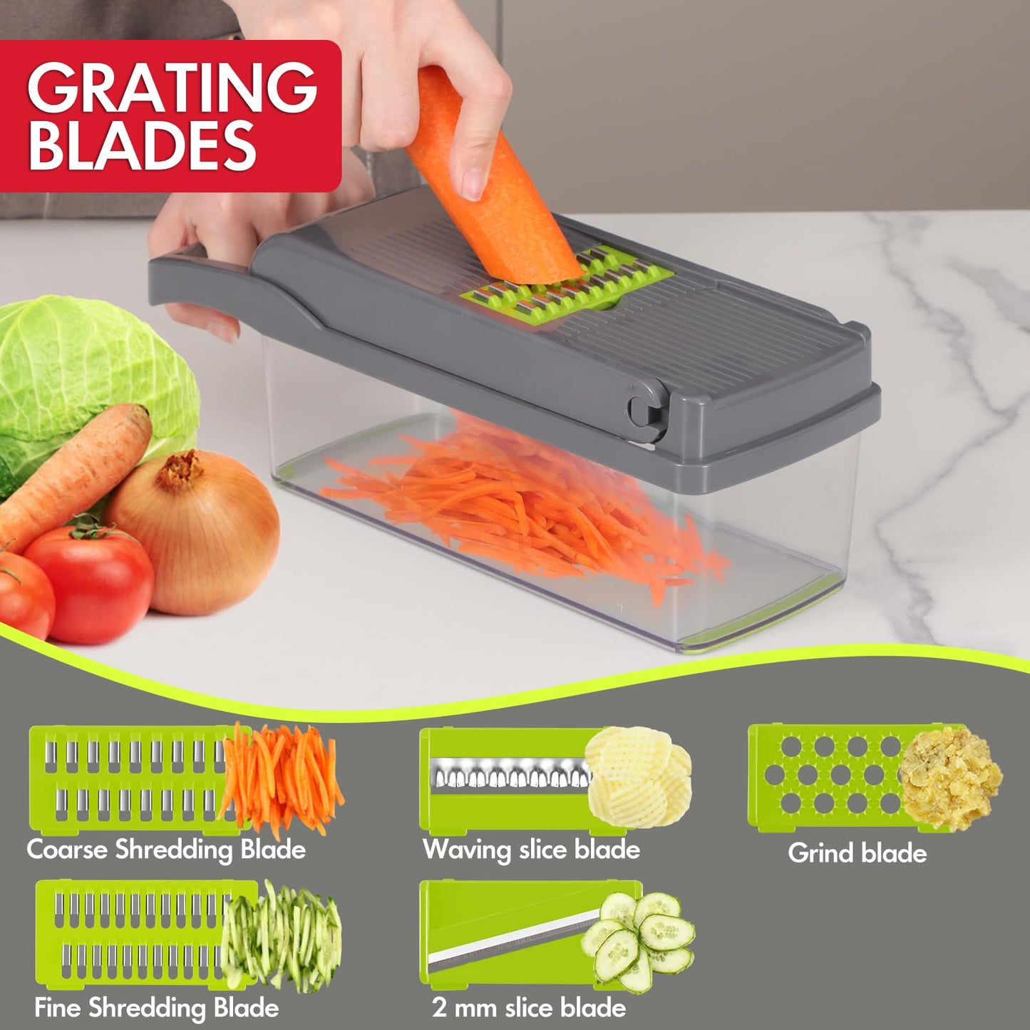 Ourokhome Vegetable Chopper Onion Cutter, 14 in 1 Professional Mandolin Slicer for Kitchen, Multifunctional Food Chopper for Potato, Tomato, Veggie with Strainer Basket, 10 Blades, Gray