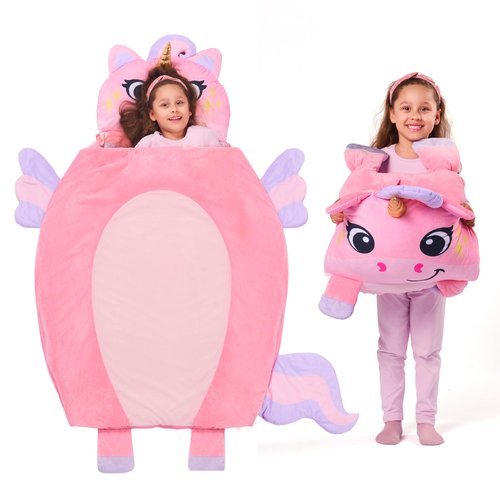 JOIEDOMI Kids Sleeping Bag Toddler Nap Mat with Pillow & Blanket 60" x 39" for Kids Ages 3+ Soft Plush Sleeping Mat Unicorn for Preschool and Boys Girls Kindergarten Daycare Sleepover