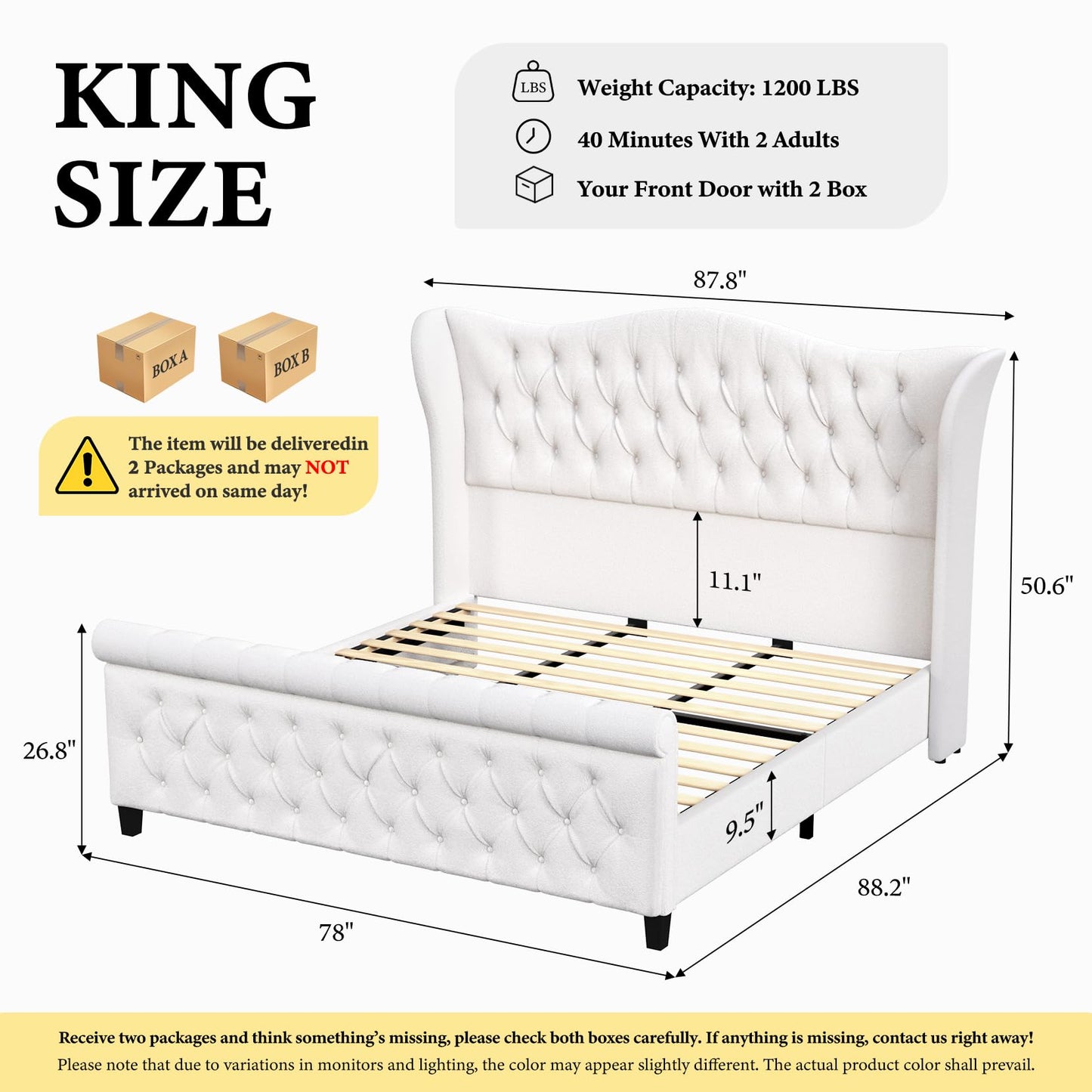 koorlian King Bed Frame,Chenille Upholstered Sleigh Bed with Scroll Wingback Headboard & Footboard,Luxury & Soft Button Tufted Modern King Bed,Easy Assembly,No Box Spring Needed