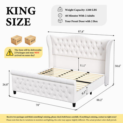 koorlian King Bed Frame,Chenille Upholstered Sleigh Bed with Scroll Wingback Headboard & Footboard,Luxury & Soft Button Tufted Modern King Bed,Easy Assembly,No Box Spring Needed