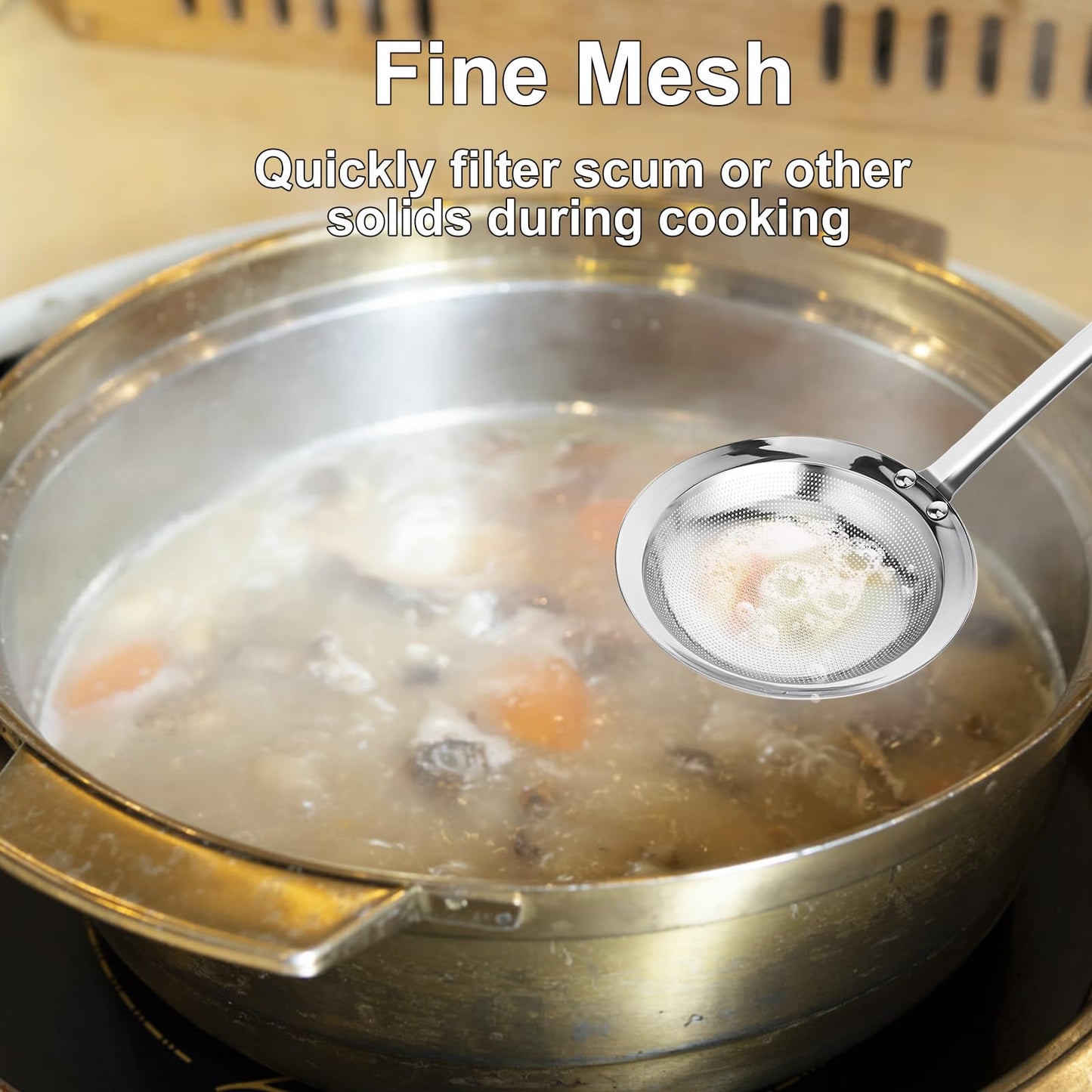 Fine Mesh Stainless Steel Sieve Colander(2 Pack, Large+Small), Mesh Strainer for Cooking Oil, Skimmer Spoon Filte Grease Foam, Food Strainer Kitchen Gadgets