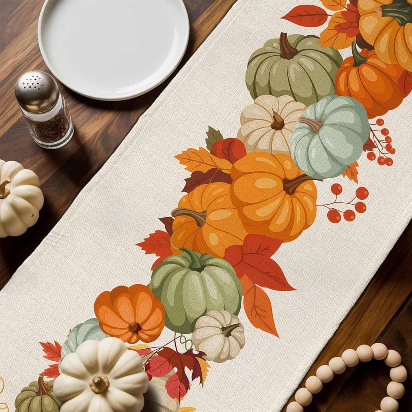 LooPoP 36 Inches Autumn Maple Leaves Harvest Pumpkin Table Runners Long Washable Thanksgiving Table Runner for Round