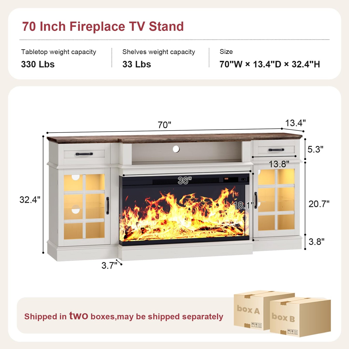 OneBlis 70" TV Stand with 36" Electric Fireplace, Entertainment Center Console Table for TV up to 80'', Fireplace TV Stand with Open Storage Shelves and Glass Door for Living Room, White