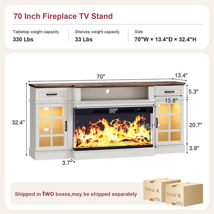 OneBlis 70" TV Stand with 36" Electric Fireplace, Entertainment Center Console Table for TV up to 80'', Fireplace TV Stand with Open Storage Shelves and Glass Door for Living Room, White