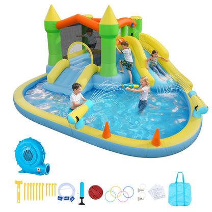 VEVOR Bounce House for Kids, Inflatable Bounce House with Air Blower, Water Slide, Bouncer Castle with Castle Bounces, Basketball Hoop, Splash Pool & Water Ring Toss, for 3 to 4 Kids Ages 3 to 8