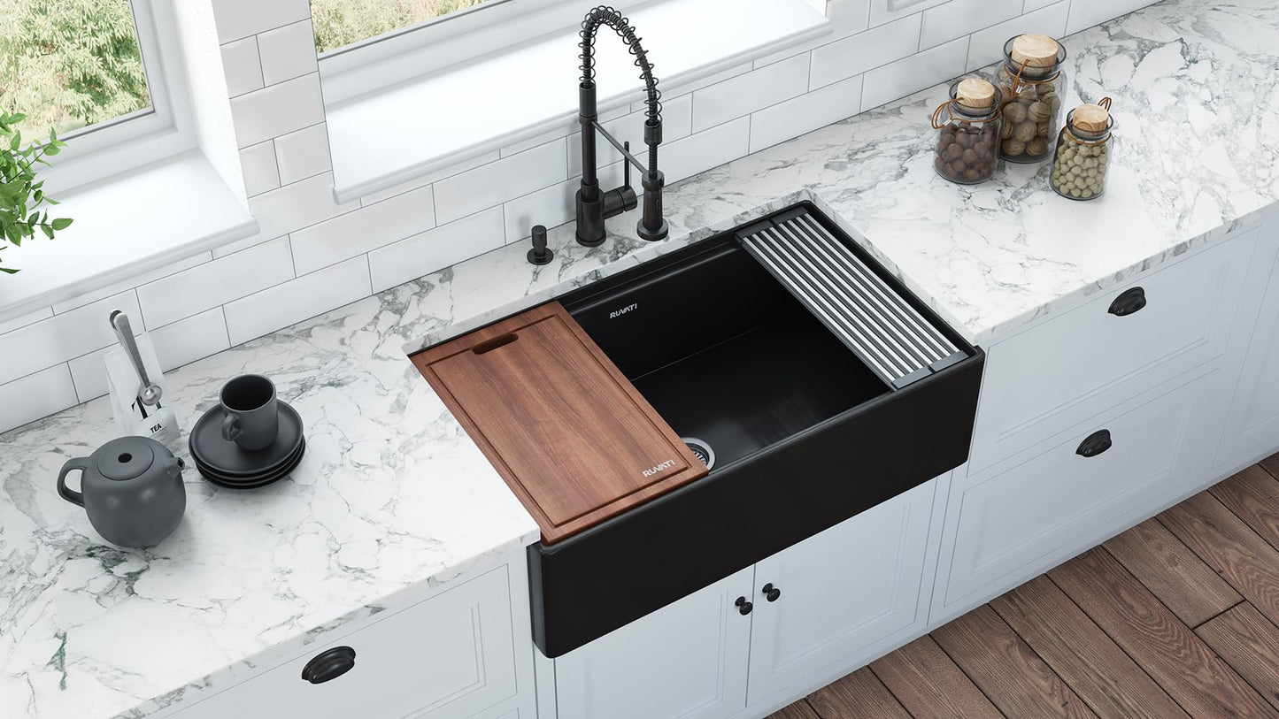 Ruvati 33 inch Fireclay Workstation Black Farmhouse Kitchen Sink Apron Front Single Bowl – RVL2387BK