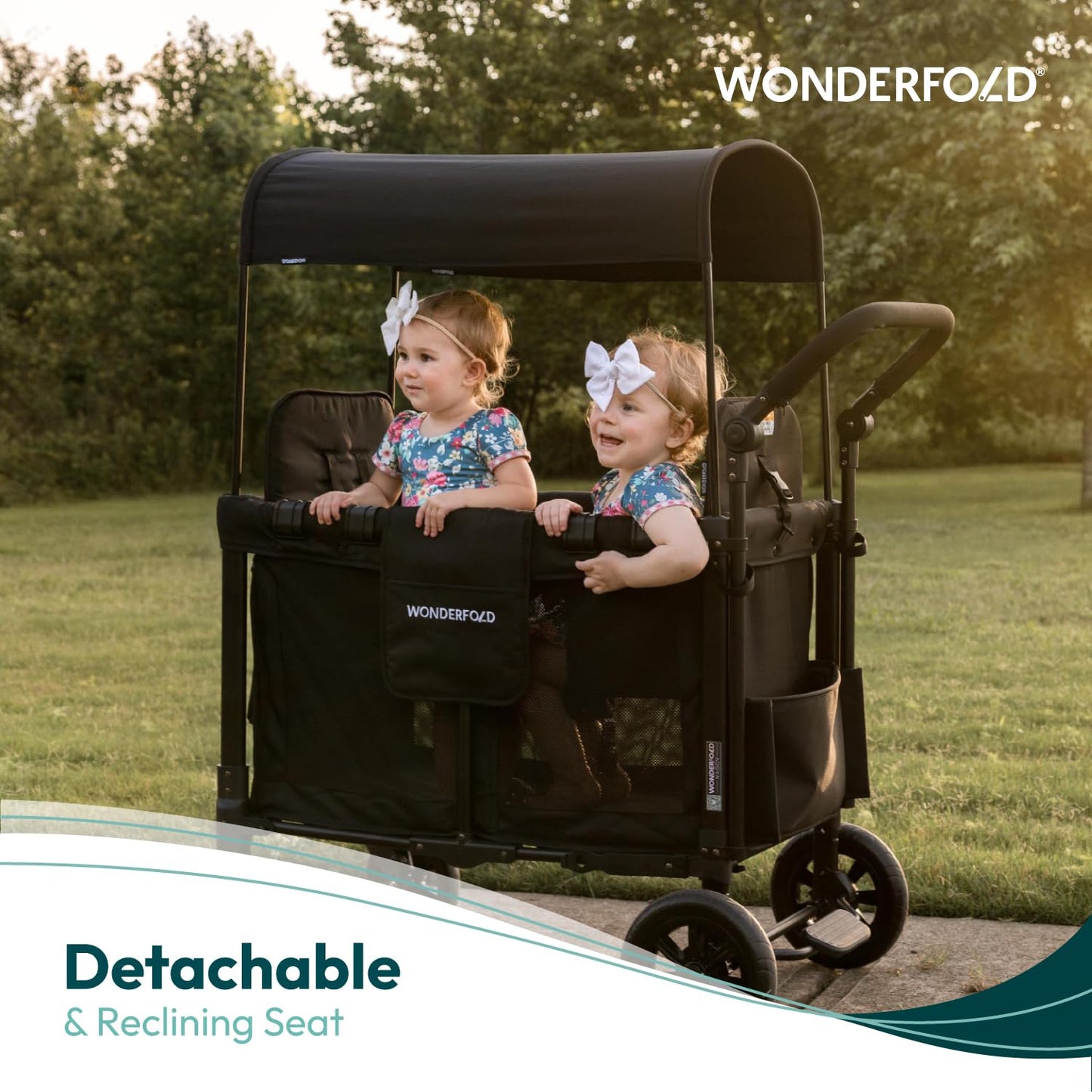 WonderFold W2 Luxe Stroller Wagon - Collapsible Stroller Wagon with Steel Frame - Adjustable Canopy & Push Handle - XL All-Terrain Wheels - for Babies, Toddlers & Kids - 2 Seater - Black