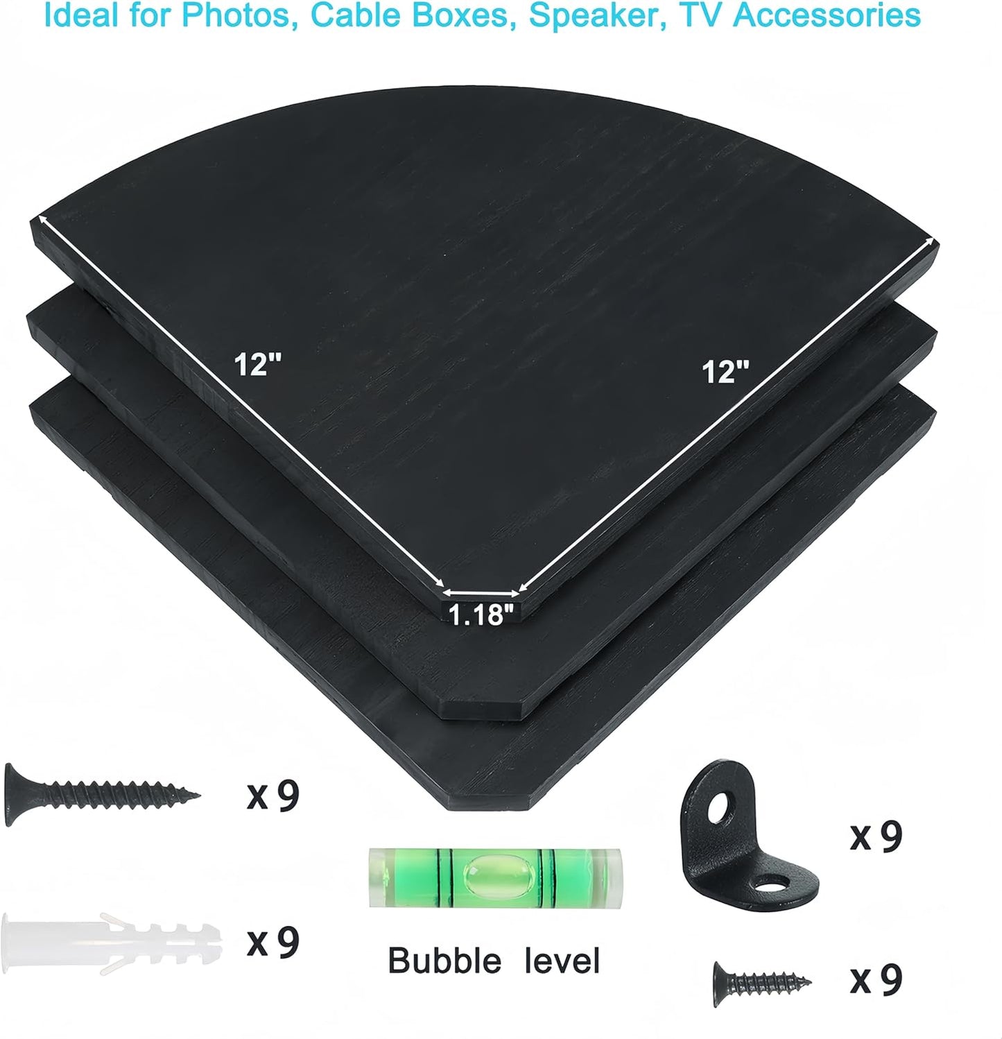 12 inch Set 2 (Black-12 inch) JORIKCHUO Corner Shelf, of Solid Wood Corner Floating Shelves for Wall, Round End Wall
